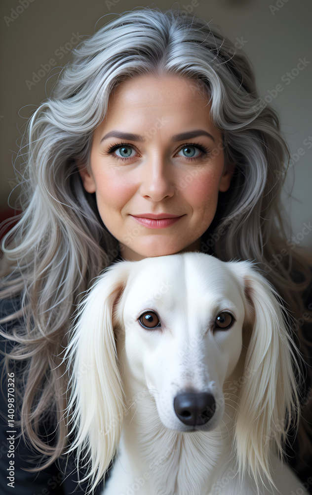 portrait of beautiful mature stylish lady with her white greyhound. life style concept. Ai generated