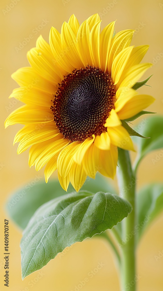 Fototapeta premium A vibrant sunflower stands tall against a soft yellow background, showcasing its bright petals and intricate seed center.