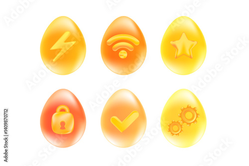 Cute 3D yellow easter eggs icon set isolated Png, transparent background. Iridescent glowing glass or plastic texture easter eggs with different icons like star, check mark decoration design element.