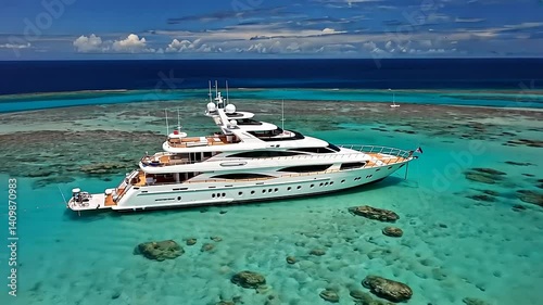 Luxury yacht anchored in turquoise waters near a vibrant coral reef