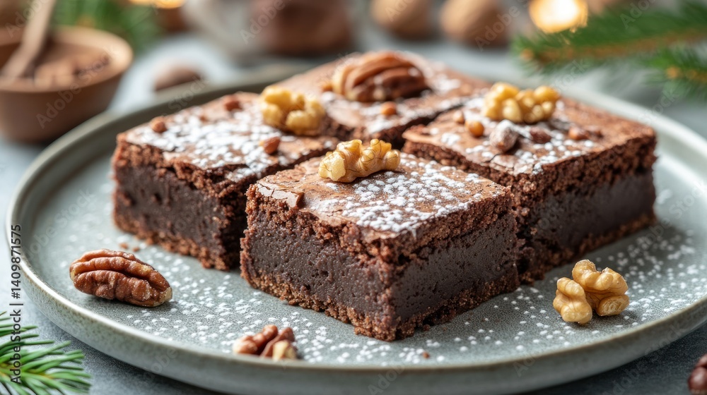 Delicious squares of rich, fudgy brownies, topped with powdered sugar and nuts Delicious squares of rich, fudgy brownies, topped with powdered sugar and nuts