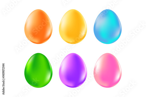 Cute 3D easter eggs icon set isolated Png, transparent background. Iridescent neon glow yellow, green, blue, pink, purple, orange color glass or plastic texture clipart or decoration design element.
