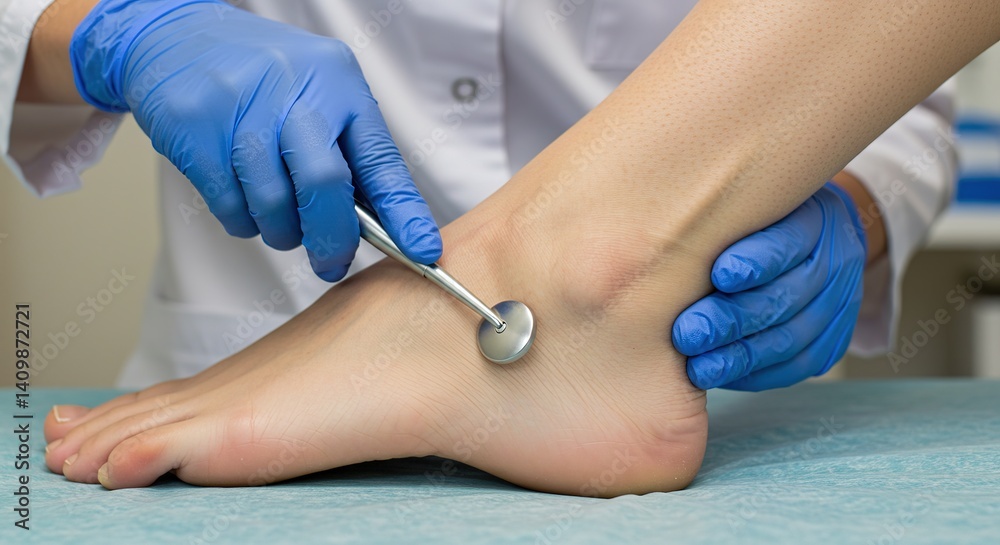 Doctor checks patient ankle with reflex hammer