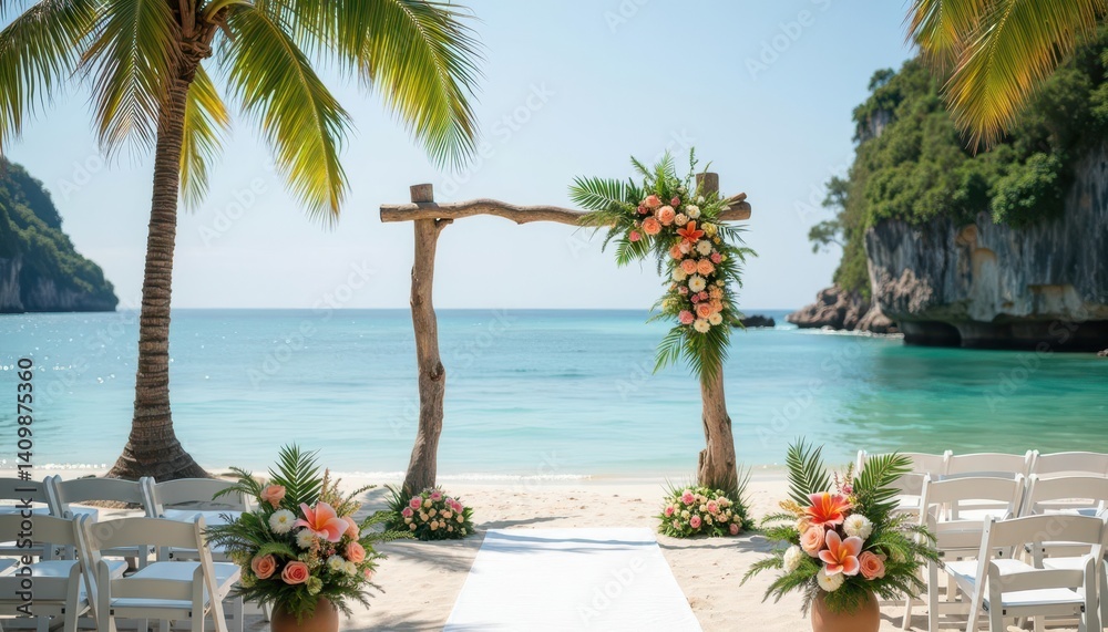 Fototapeta premium Beautiful beach wedding setup with floral decorations and serene ocean backdrop.