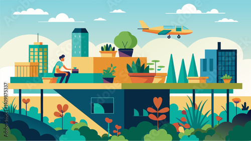 A rooftop garden atop the air taxi terminal filled with native plants and maintained by a team of local community members.. Vector illustration