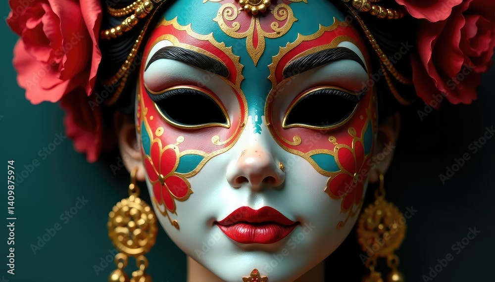 Symmetrical lines on a painted mask, intricate details , wallpaper, green, vintage Symmetrical lines on a painted mask, intricate details , wallpaper, green, vintage