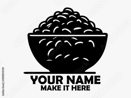 Minimalist black and white illustration of a bowl overflowing with dark brown coffee beans on a plain surface. Coffee concept design isolated on white background, food bowl vector icon and logo