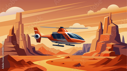 A stateoftheart air taxi cruising over a desert landscape showcasing towering sand dunes and rugged canyons.. Vector illustration