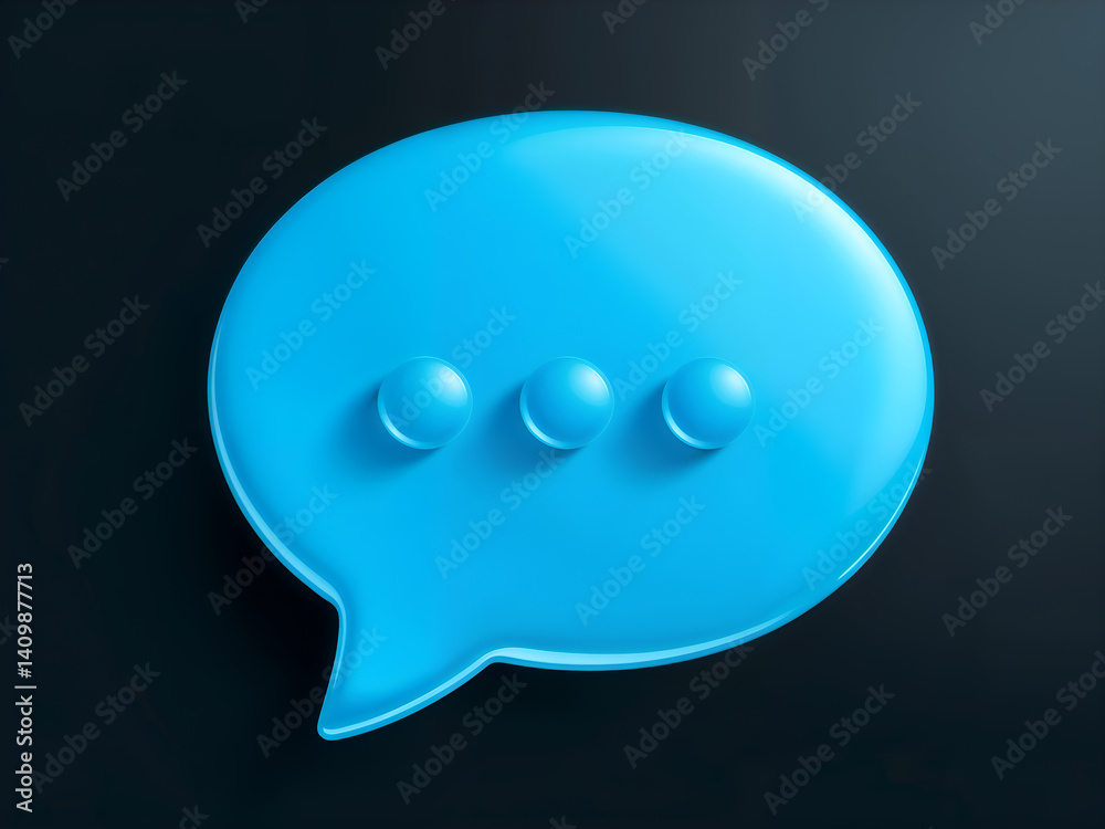 Glossy 3D chat bubble icon on dark background symbolizing messaging and conversation. Generative AI