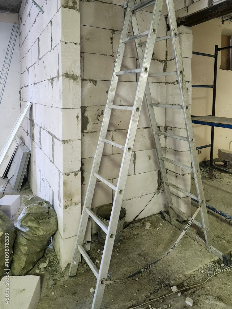 Renovation Project, Silver ladder, white brick and construction site.