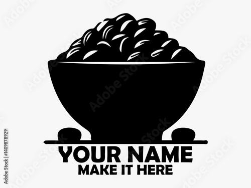 Minimalist black and white illustration of a bowl overflowing with dark brown coffee beans on a plain surface. Coffee concept design isolated on white background, food bowl vector icon and logo