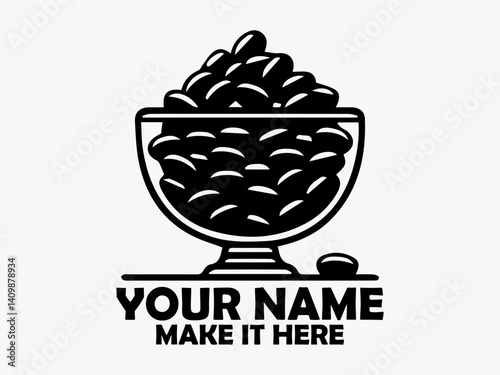 Minimalist black and white illustration of a bowl overflowing with dark brown coffee beans on a plain surface. Coffee concept design isolated on white background, food bowl vector icon and logo
