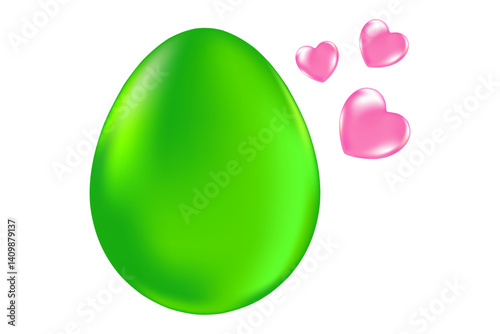Cute 3D glowing green easter egg with pink hearts icon isolated Png, transparent background. Iridescent glowing glass or plastic texture clipart or decoration design element.