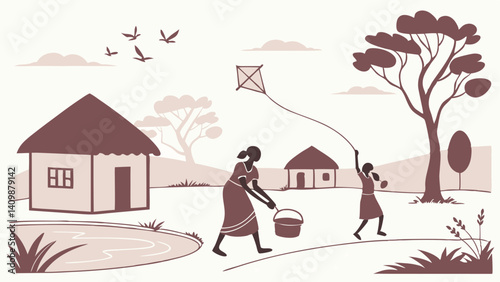 African Village Life Mother Daughter Kite Flying Rural Scene Illustration