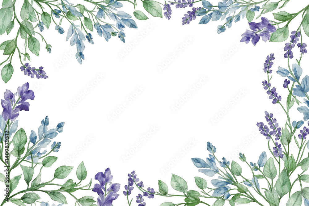 A Serene Botanical Illustration Featuring Lush Green Leaves and Delicate Purple Flowers Framing a Blank Canvas Ideal for Elegant Invitations or Artistic Displays A Serene Botanical Illustration Featuring Lush Green Leaves and Delicate Purple Flowers Framing a Blank Canvas Ideal for Elegant Invitations or Artistic Displays