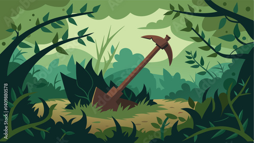 Hidden in a thicket of overgrown thorns and vines an ancient plow is slowly being consumed by nature a reminder of the struggle to cultivate the land.. Vector illustration