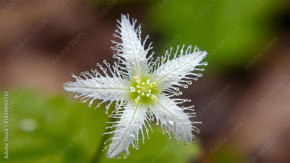 Close-up of a Delicate White Flower with Fringed Petals and Dewdrops in a Natural Setting Close-up of a Delicate White Flower with Fringed Petals and Dewdrops in a Natural Setting