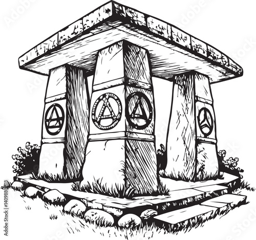 Ancestral altar Black and White Vector Illustration, Sketch Drawing Line Linear Symbol Icon Engraving, Hand-drawn Isolated