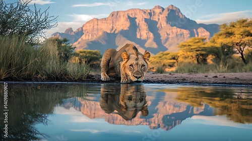 from a clear waterhole with a mountain range reflecting on the surface 