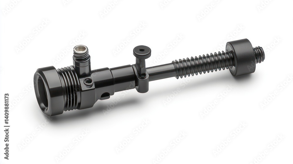 Fototapeta premium Close-up of a precision-engineered black metal component with threaded shaft, connectors, and mounting points, isolated on white.