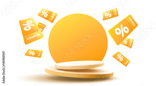 Orange coupons with percentage fly near podium. Vector illustration
