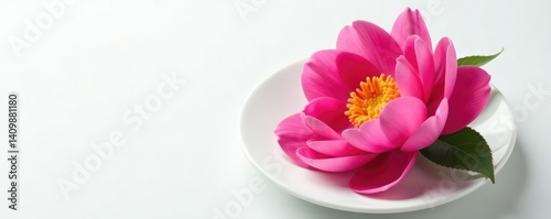A single peony flower on a white plate background, plain white, botanical details