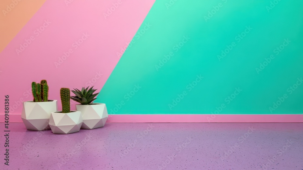 Geometric planters with cacti and succulents against a vibrant pastel wall in a modern setting Geometric planters with cacti and succulents against a vibrant pastel wall in a modern setting
