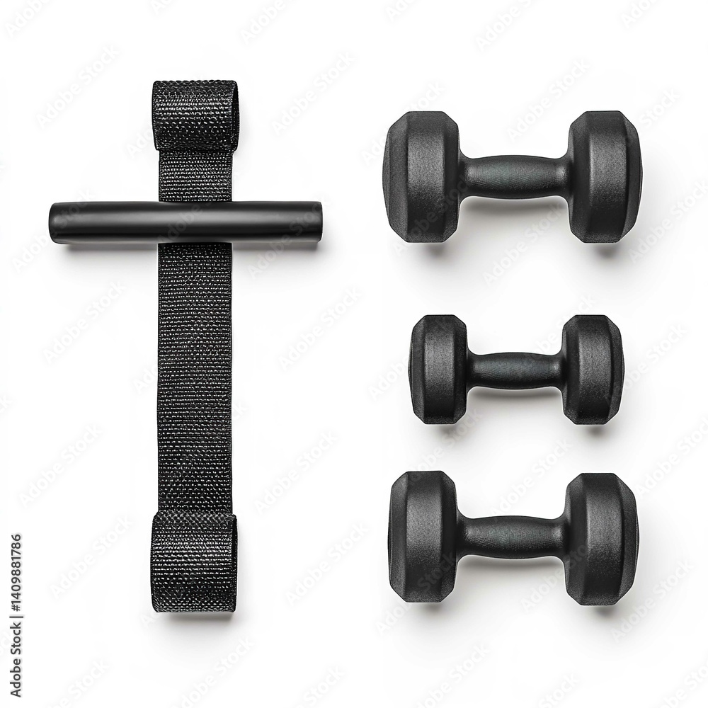 Fototapeta premium Gym equipment dumbbell set with door anchor for home fitness workout strength training exercise equipment