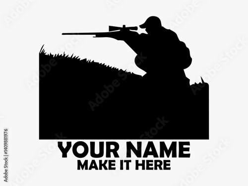 Monochrome silhouette of a kneeling figure aiming a scoped rifle in a field of tall grass against a light background. Hunting concept, vector silhouette of a hunter with a gun on the hunt, logo hunt