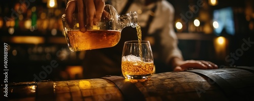 Pouring aged rum into glass on whiskey barrel...