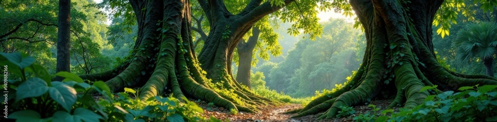 Fototapeta premium Dense foliage and vines covering ancient tree trunks, greenery, giant leaves, tropical jungle