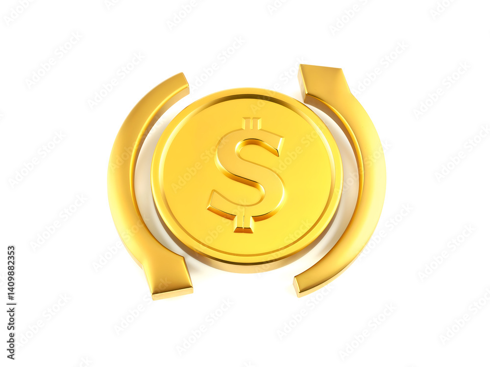 3D yellow dollar coin with circular arrows, symbolizing financial exchange or conversion. Generative AI