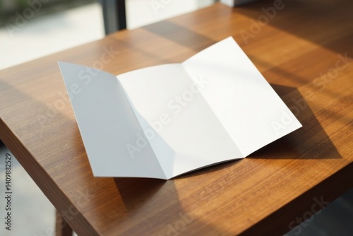 Trifold brochure mockup on wooden table with natural lighting, foldable, trifold, organic light