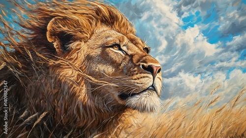 a lion's face with wind-blown mane against the backdrop of tall grasslands 