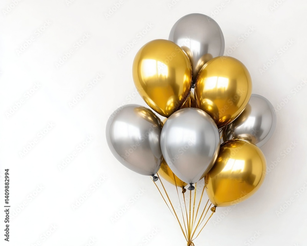 A cluster of shiny silver and gold balloons arranged together, creating a festive and celebratory atmosphere.