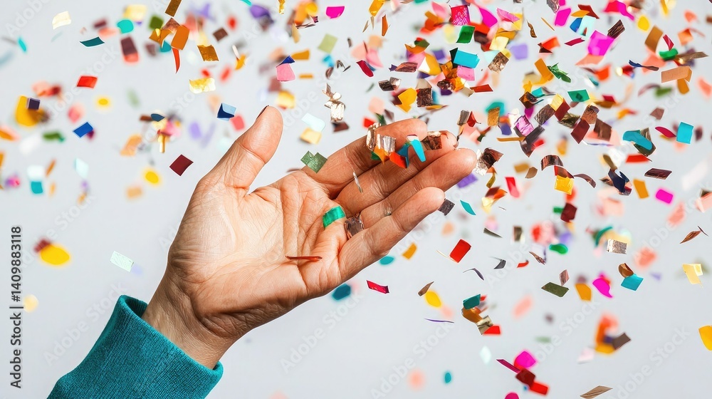 A hand releases colorful confetti into the air, creating a festive and celebratory atmosphere.