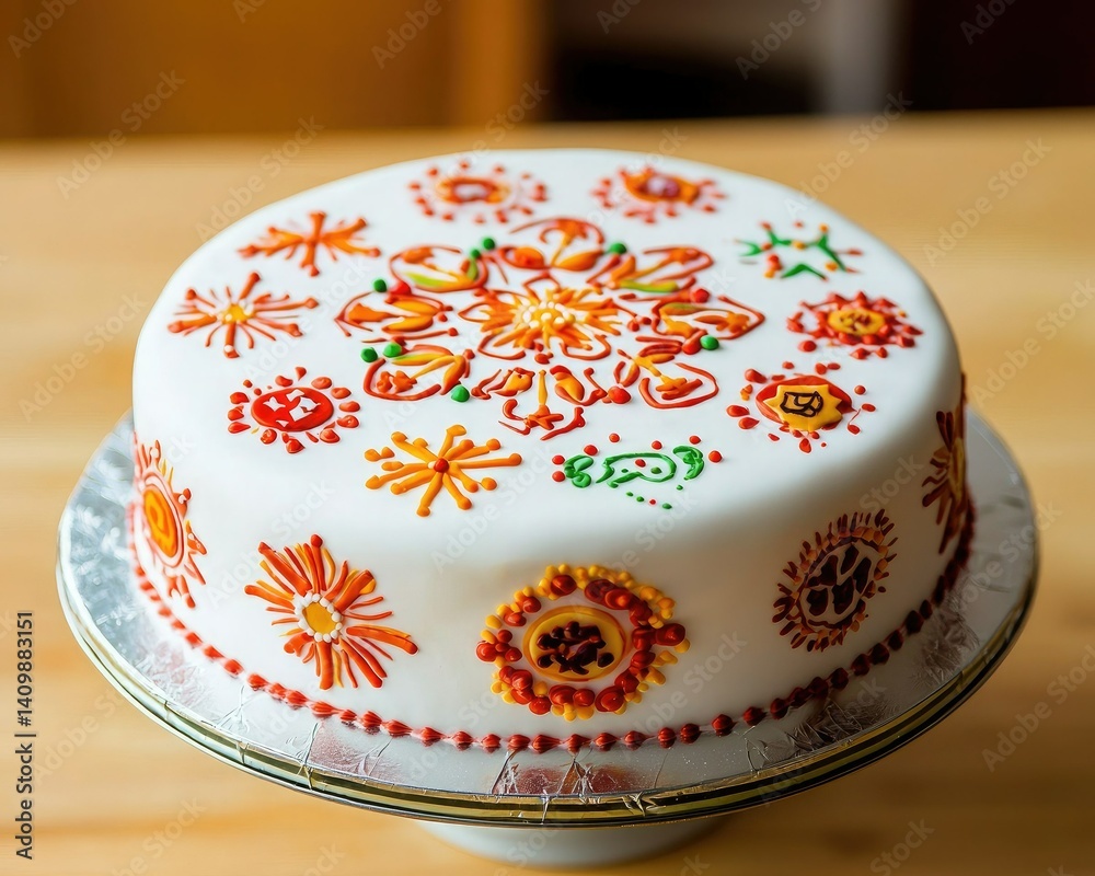 A beautifully decorated cake with intricate designs in vibrant colors, showcasing artistic icing patterns on a smooth white surface.