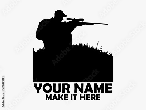 Monochrome silhouette of a kneeling figure aiming a scoped rifle in a field of tall grass against a light background. Hunting concept, vector silhouette of a hunter with a gun on the hunt, logo hunt