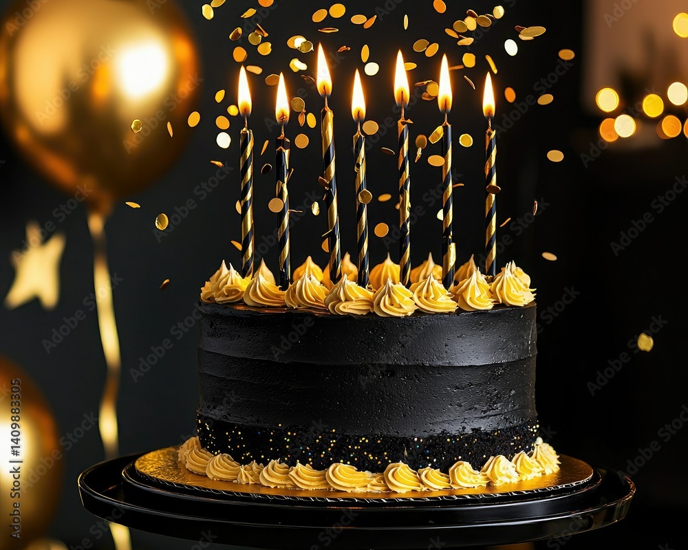 A festive black cake with golden frosting and candles, surrounded by sparkling decorations and balloons, perfect for a celebration.