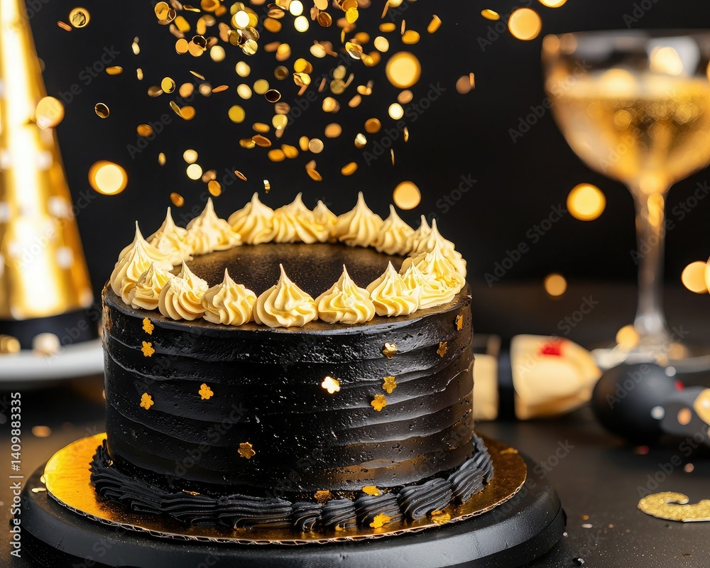A festive black cake with golden decorations, surrounded by celebratory elements like confetti and a glass, perfect for a special occasion.
