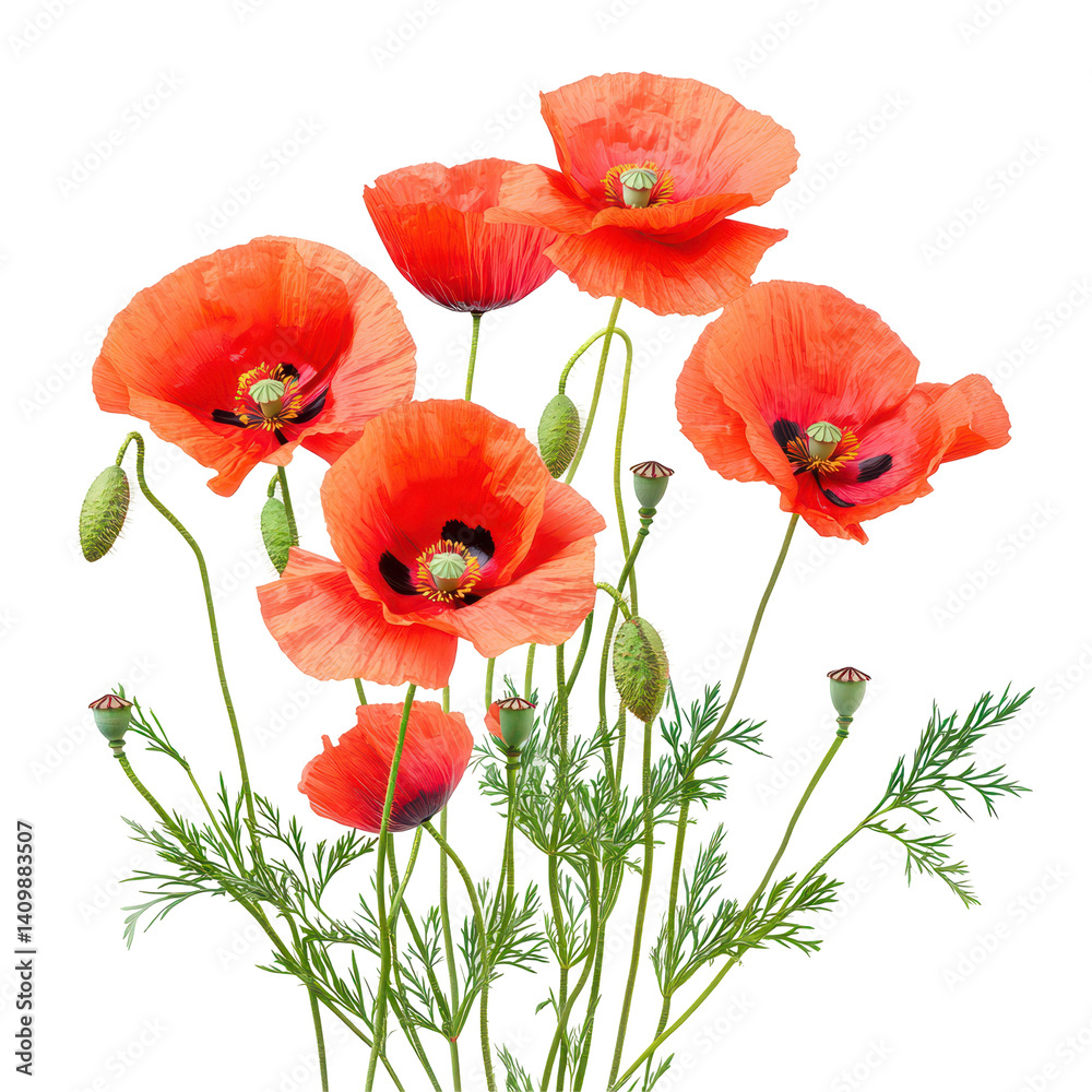 Fototapeta premium Vivid Red Poppies in Bloom: Captivating close-up shot of vibrant red poppies in full bloom, showcasing their delicate petals and intricate details against a bright background.