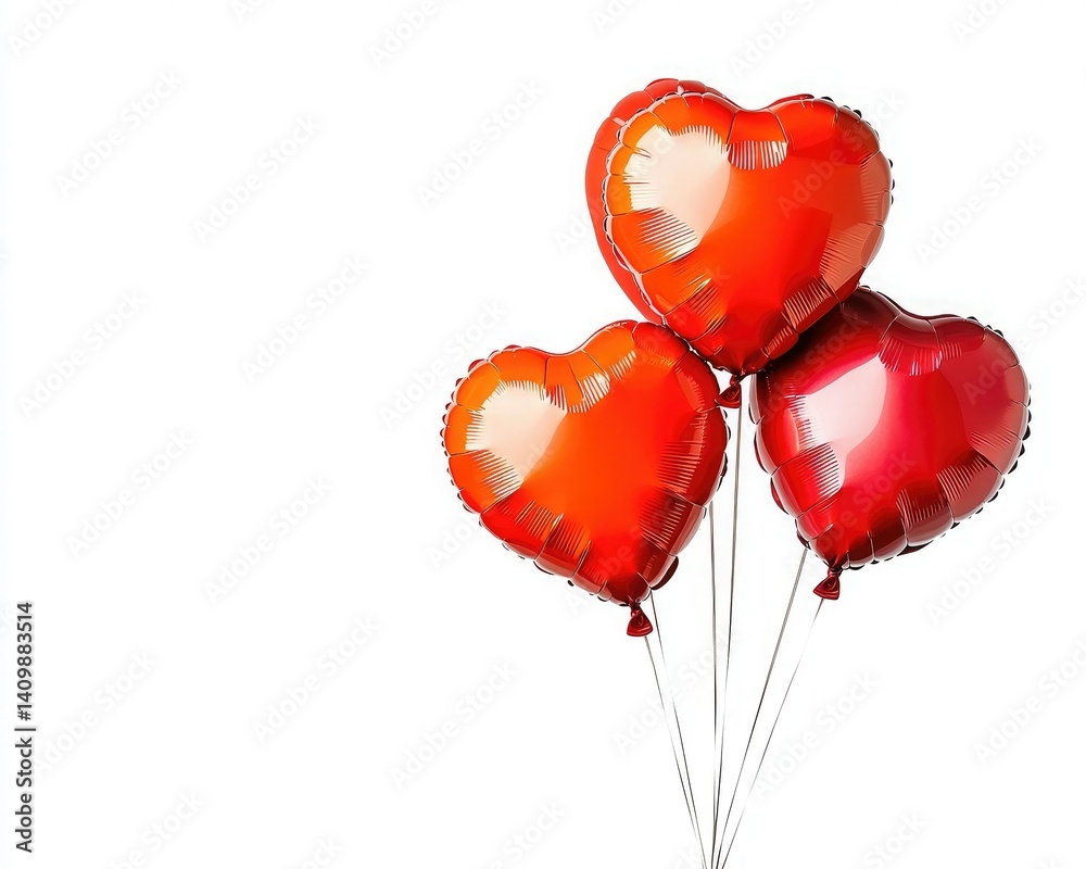 Three shiny red heart-shaped balloons float gracefully, symbolizing love and celebration, perfect for romantic occasions.