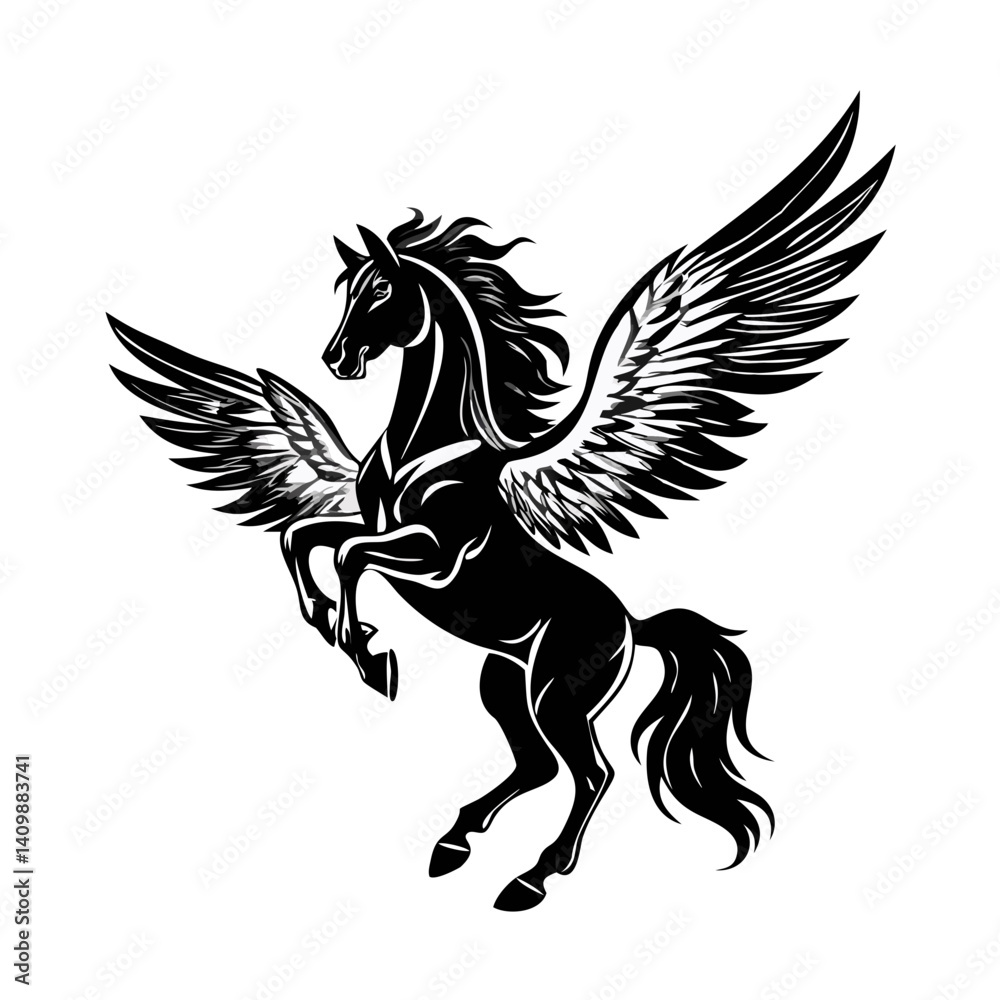 Obraz premium Black Pegasus with wings, rearing up., pegasus horse silhouette, black and white silhouette, vector and illustration, horse isolated on white, Pegasus silhouette 