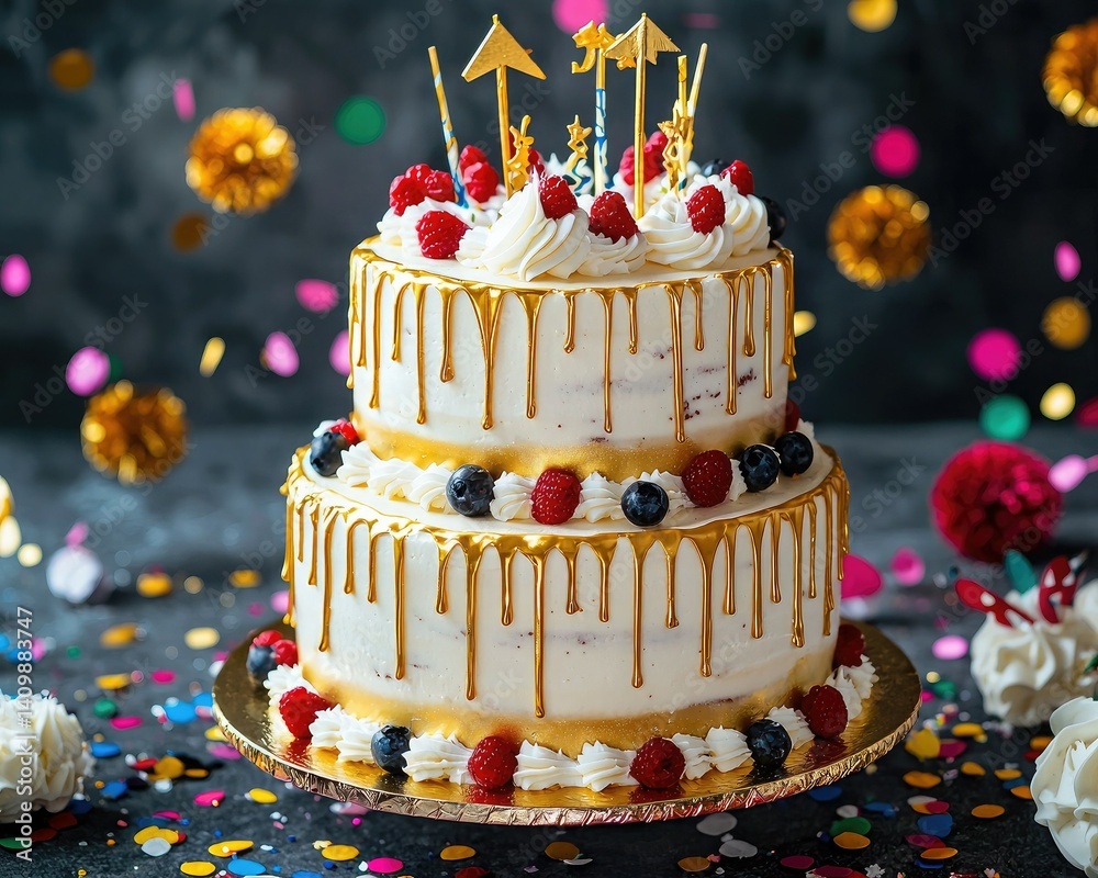 A beautiful, three-tiered cake adorned with berries and festive decorations, set against a colorful backdrop of confetti and flowers.
