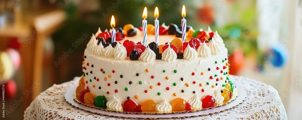 A beautifully decorated cake with colorful toppings and candles, perfect for celebrations and special occasions.