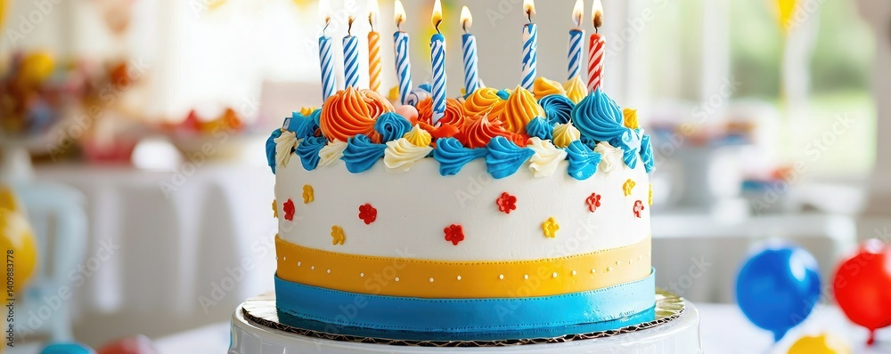 A colorful birthday cake adorned with candles, swirls, and decorations, set in a festive environment, perfect for celebrations.