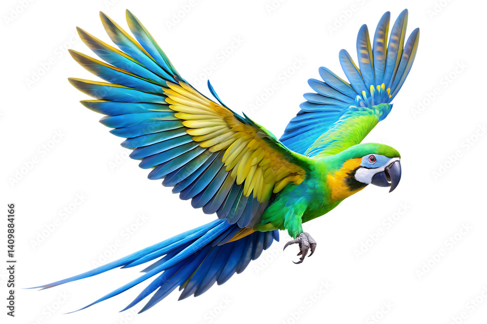 Fototapeta premium a flying parrot with blue and green feathers isolated on white background PNG , AI GENERATED