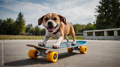 dog rides on a skateboard