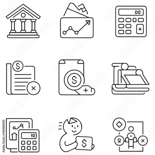 Loan and Credit thin line icons set. Mortgage, credit rating, calculator editable stroke icon. Vector with white background