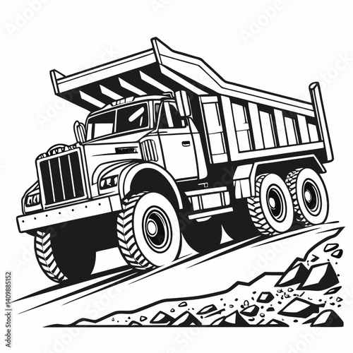 Powerful Mining Dump Truck Vector Art Illustration for Heavy Industry, Truck silhouette vector isolated on white background, Heavy Equipment Mining Truck, Detailed Heavy Mining Truck Illustration 